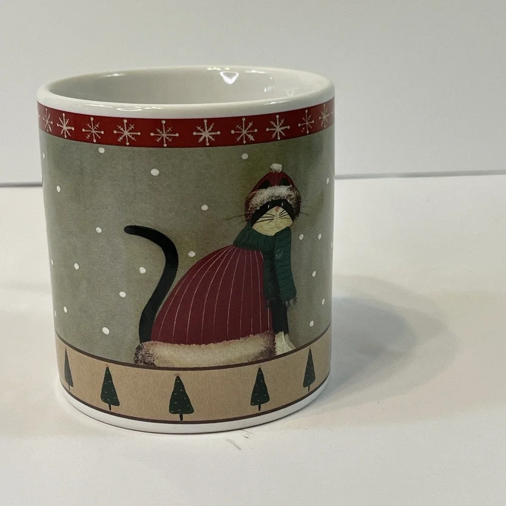 Oneida Holiday Cats Coffee Cup Mug Christmas Fiddlestix Red Sweater Trees Snow